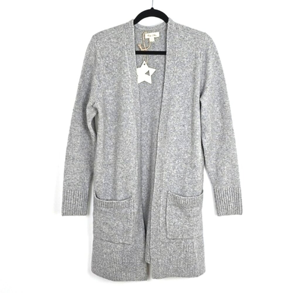 NWT Tres Chic Women Grey Wool Blend Open Front Long Cardigan Patch Pockets M